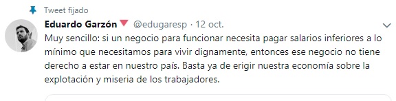 Eduardo Garzón: "Si una empresa no es capaz de pagar el salario mínimo, que desaparezca" 1 Moncloa tuit de Eduardo Garzón