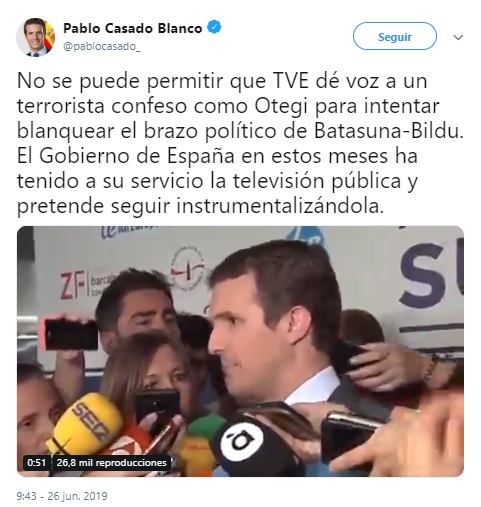 PP, Ciudadanos y Vox cargan contra RTVE por la entrevista a Otegi 1 Moncloa Casado Otegi