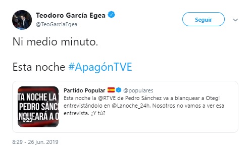 PP, Ciudadanos y Vox cargan contra RTVE por la entrevista a Otegi 5 Moncloa garcia egea Otegi