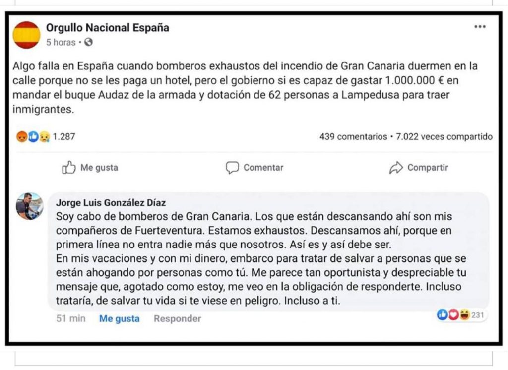 Un bombero de Gran Canaria: "Salvo a personas que se ahogan por gente como tú" 1 Moncloa Facebook