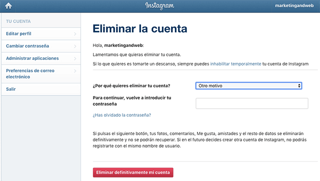 Los pasos para borrar tu cuenta de Instagram para siempre 5 Moncloa Borrar de forma permanente