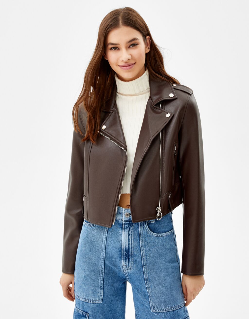 cazadora biker efecto piel bershka