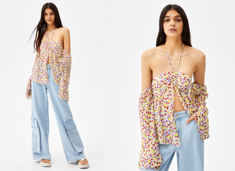BLUSA OFF-SHOULDER PRINT FLORES DE BERSHKA