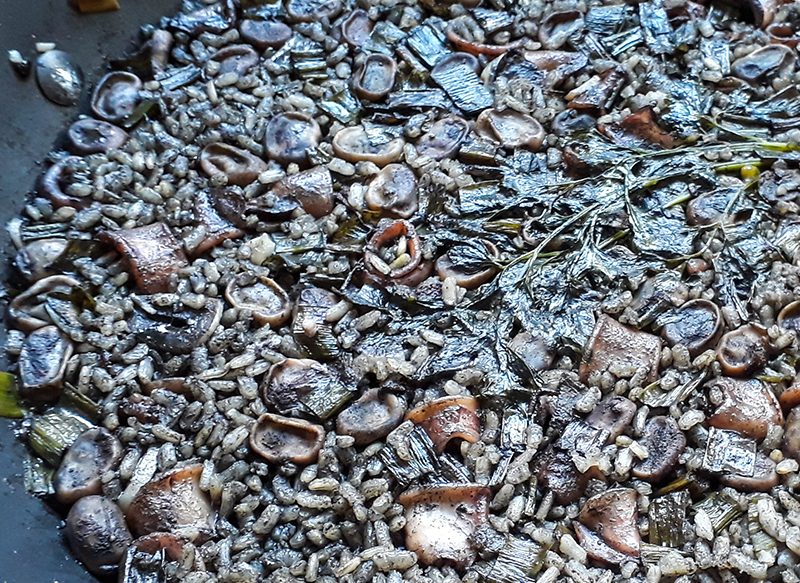 ACERCÁNDOSE AL FINAL DE LA RECETA DE ARROZ NEGRO CON UNA LATA DE CALAMARES