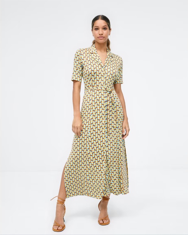 Vestido Camisero Largo de Manga Corta Estampado