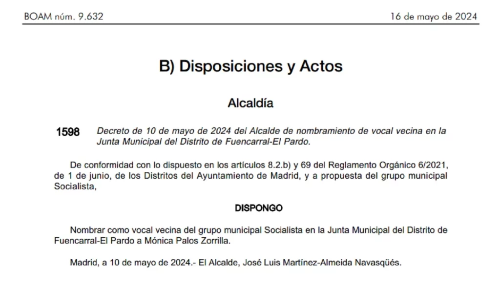 Álvarez Olías abandona su cargo en el PSOE por asuntos personales 2 Moncloa Álvarez Olías abandona su cargo en el PSOE por asuntos personales. | Foto: Boletín Oficial del Ayuntamiento de Madrid