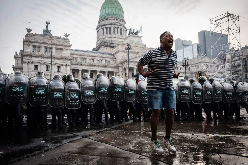 EuropaPress 6029054 12 june 2024 argentina buenos aires demonstrator jumps and chants in front Moncloa