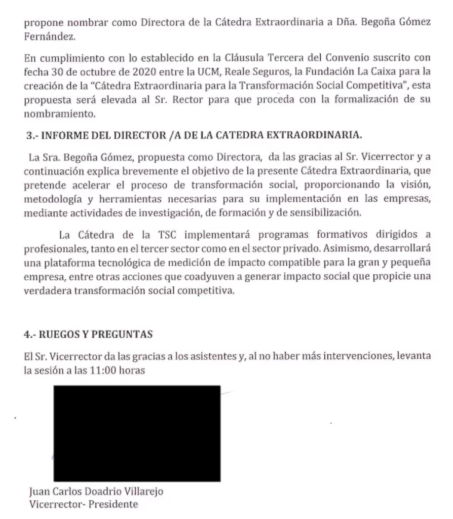 Goyache puso de escudo a Doadrio en la firma de la cátedra de Begoña Gómez 3 Moncloa La escueta acta recoge un comentario de Begoña Gómez