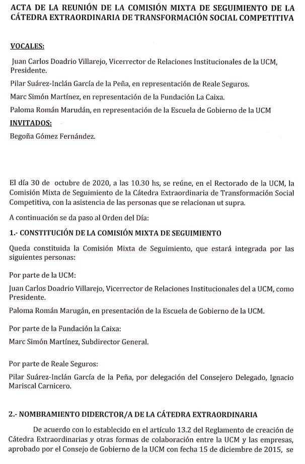 Goyache puso de escudo a Doadrio en la firma de la cátedra de Begoña Gómez 2 Moncloa Primera página del acta de constitución de la cátedra de Begoña Gómez