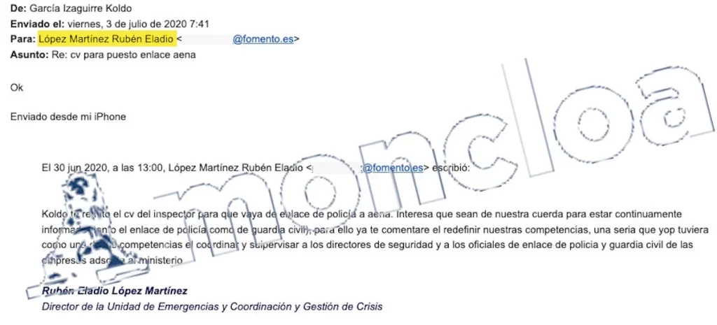 El jefe de seguridad de Ábalos a Koldo sobre un puesto en AENA: «Interesa que sea de nuestra cuerda» 1 Moncloa El mail de López a Koldo
