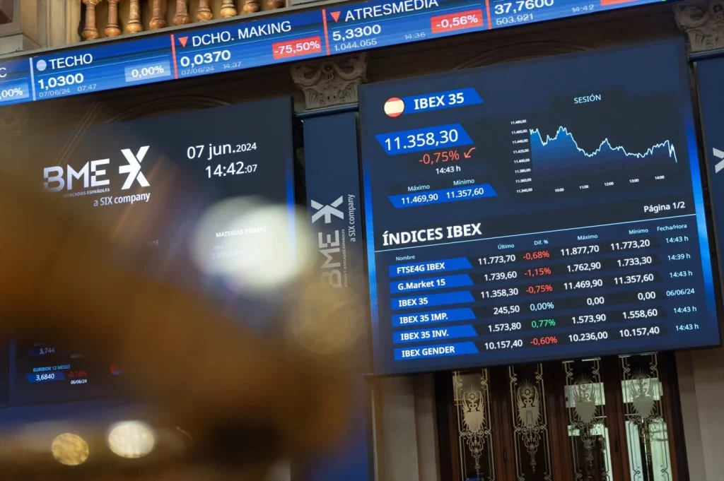 EuropaPress 6015058 paneles ibex 35 palacio bolsa madrid junio 2024 madrid espana consejo Moncloa