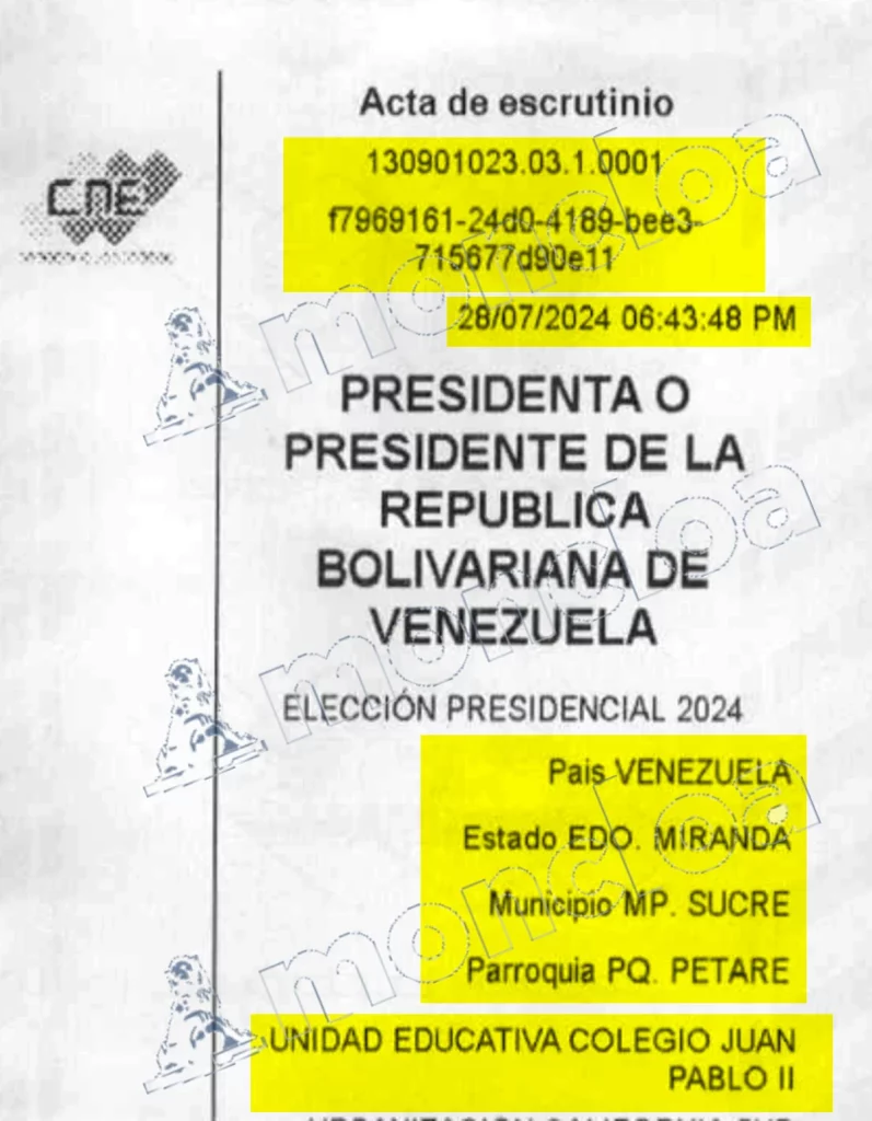 El fraude demostrado del CNE de Venezuela con datos, a pesar de Yolanda Díaz 1 Moncloa Encabezado de un acta válida de un colegio electoral en Venezuela