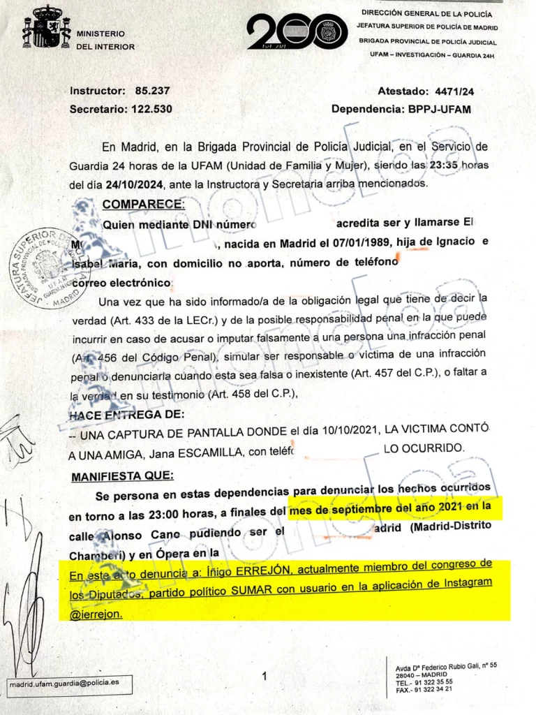 La primera denunciante de Errejón: «Sólo sí es sí, parece mentira que esto me esté pasando contigo» 1 Moncloa denuncia Moncloa