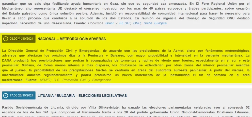 La nota de Seguridad Nacional en su web, replicando el aviso del RAN de la Dirección de Protección Civil del día anterior