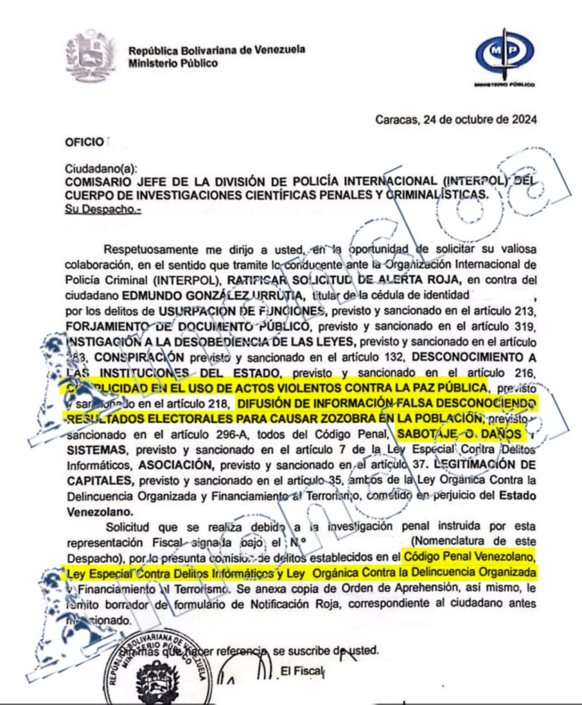 Esta es la carta de Maduro a Interpol para activar la «alerta roja» sobre Edmundo González 1 Moncloa MAduro Moncloa