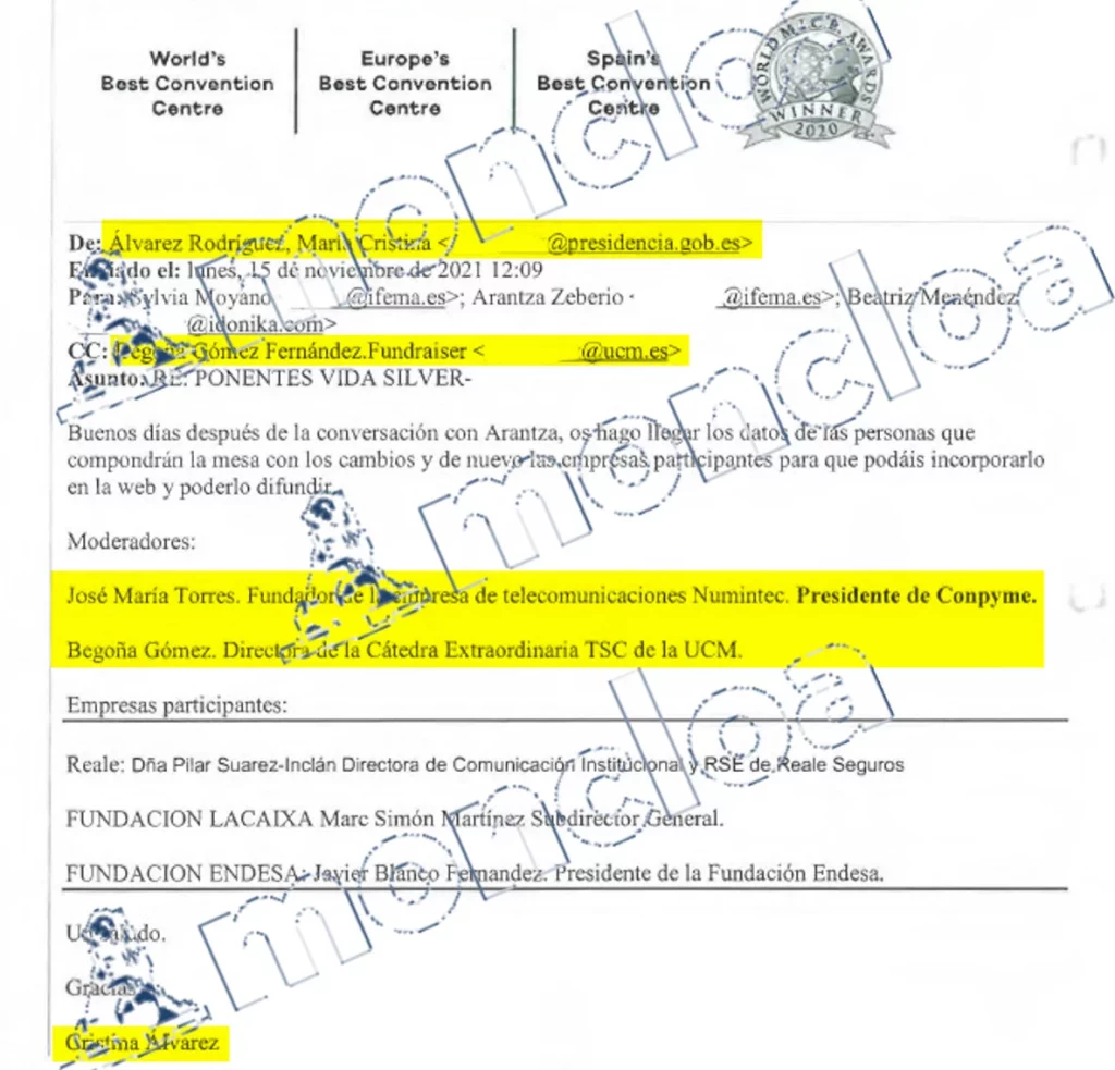 Caso Begoña Gómez: el juez Peinado investiga a la asesora de La Moncloa 1 Moncloa Uno de los mails de la asesora de Begoña Gómez, Cristina Álvarez, sobre las actividades privadas de la mujer del presidente del Gobierno