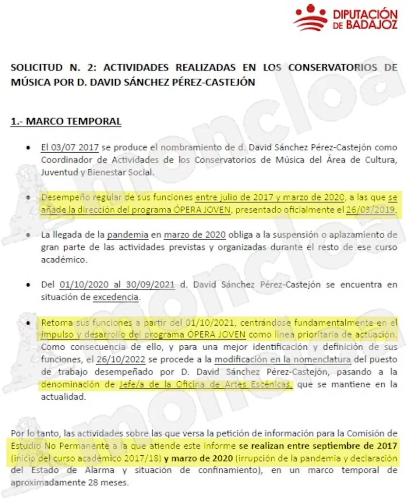La juez investiga el contrato de un externo en Badajoz para la 'Ópera Joven' de David Sánchez 3 Moncloa informe cadanlija Moncloa