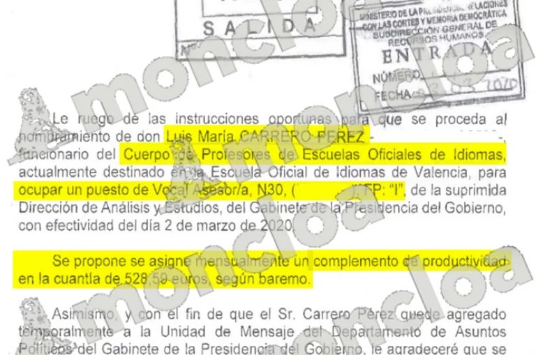 Presidencia subió el sueldo en más de 6.300 € anuales al asesor de David Sánchez