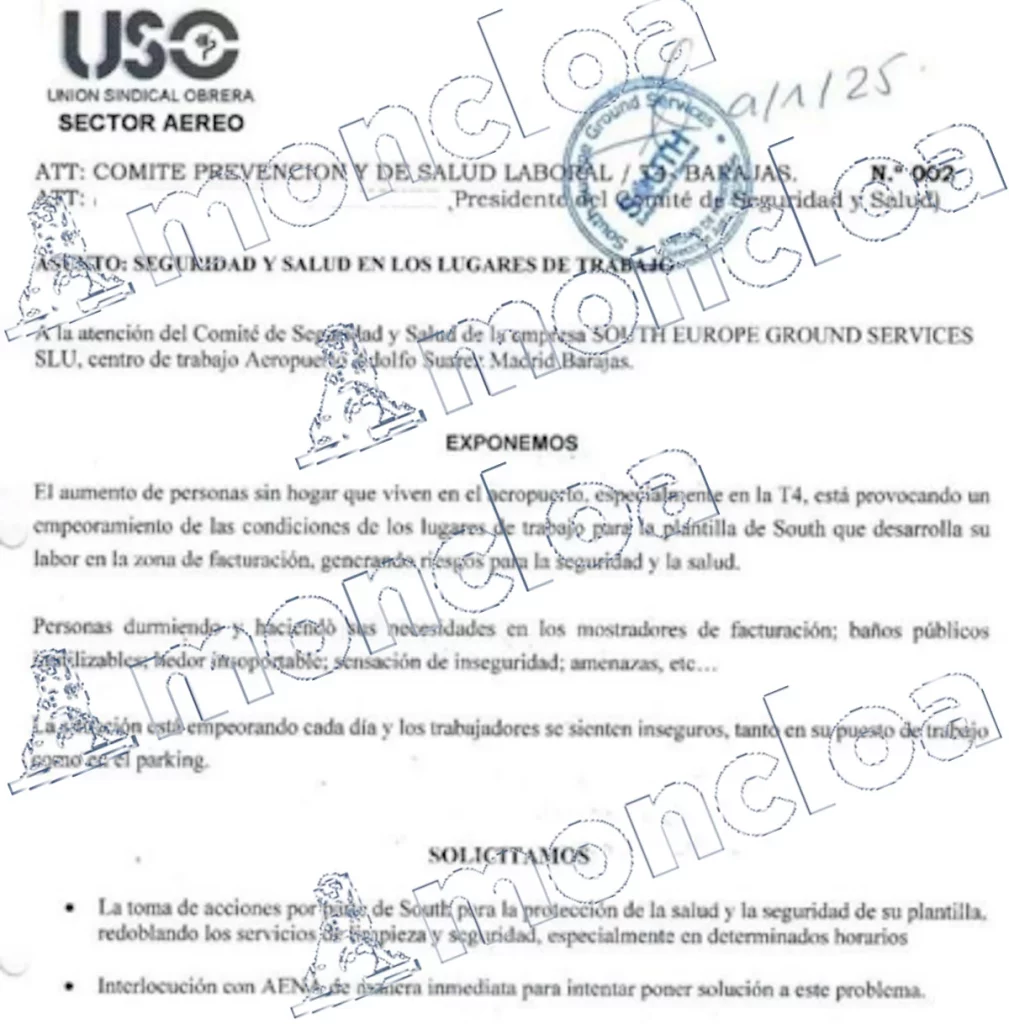 Los trabajadores denuncian el 'submundo' de Barajas: «Tenemos miedo» 1 Moncloa El sindicato USO denuncia las condiciones del aeropuerto Adolfo Suárez-Madrid Barajas. Fuente:MONCLOA.COM