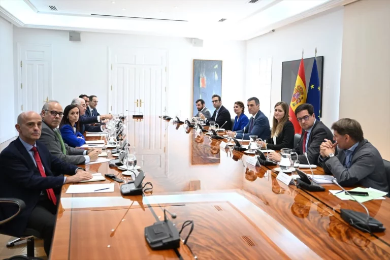 El presidente del Gobierno, Pedro Sánchez y varios de sus ministros, durante una reunión con empresas eléctricas, en el complejo de la Moncloa, a 29 de abril de 2025, en Madrid (Fuente: Agencias)