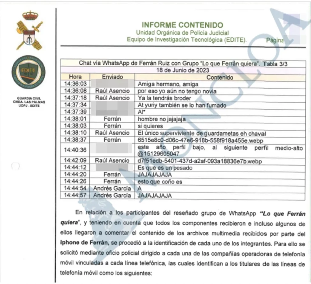 Asencio enseñó el vídeo de la menor manteniendo relaciones a su novio y por eso fue imputado 1 Moncloa Los chats del grupo de amigos de Raúl Asencio. MONCLOA