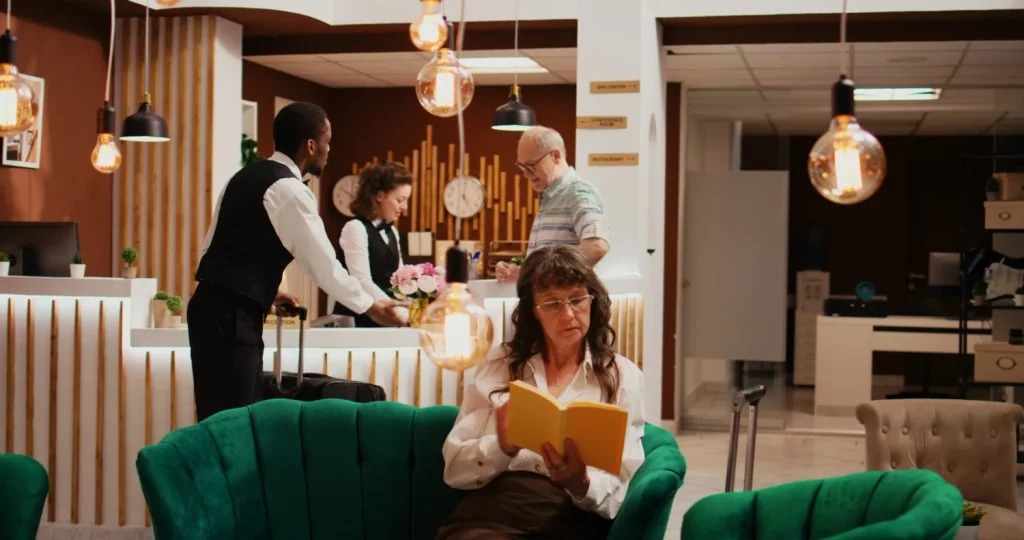 la recepcionista le da la tarjeta de acceso Moncloa