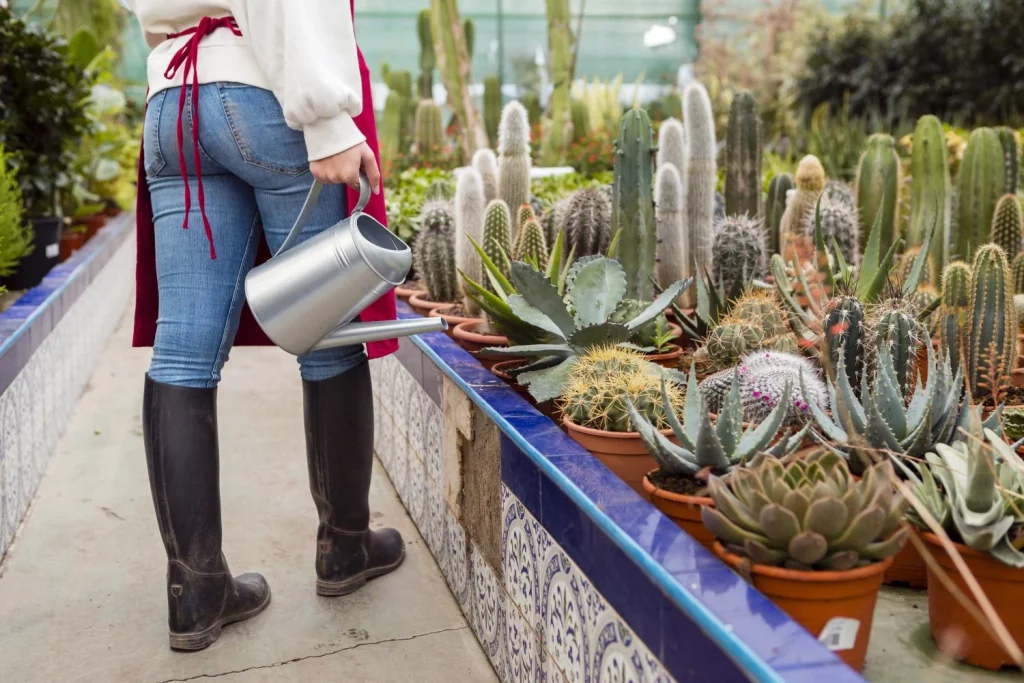 ¿Cómo debo dejar las plantas al irme de vacaciones para que me las encuentre bien? 6 Moncloa mujer regando cactus en invernadero Moncloa