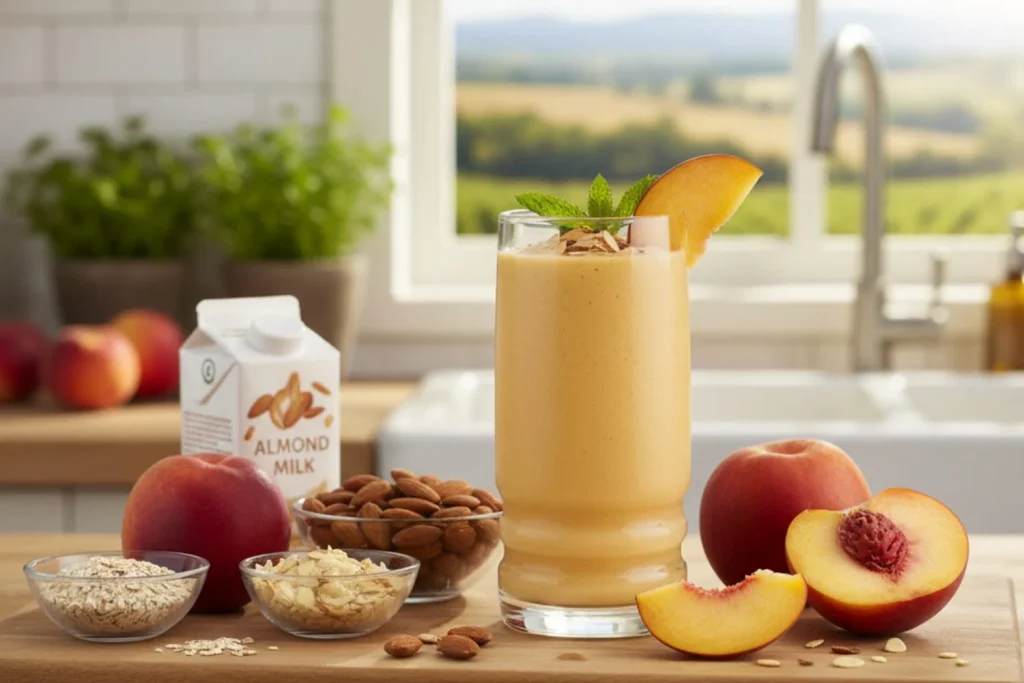 “Los batidos son perfectos para comenzar el día lleno de energía”: Dra. Sara Padilla (29), nutricionista, comparte 5 recetas para toda la semana 1 Moncloa Batido de durazno con almendras: piel más luminosa y salud intestinal reforzada