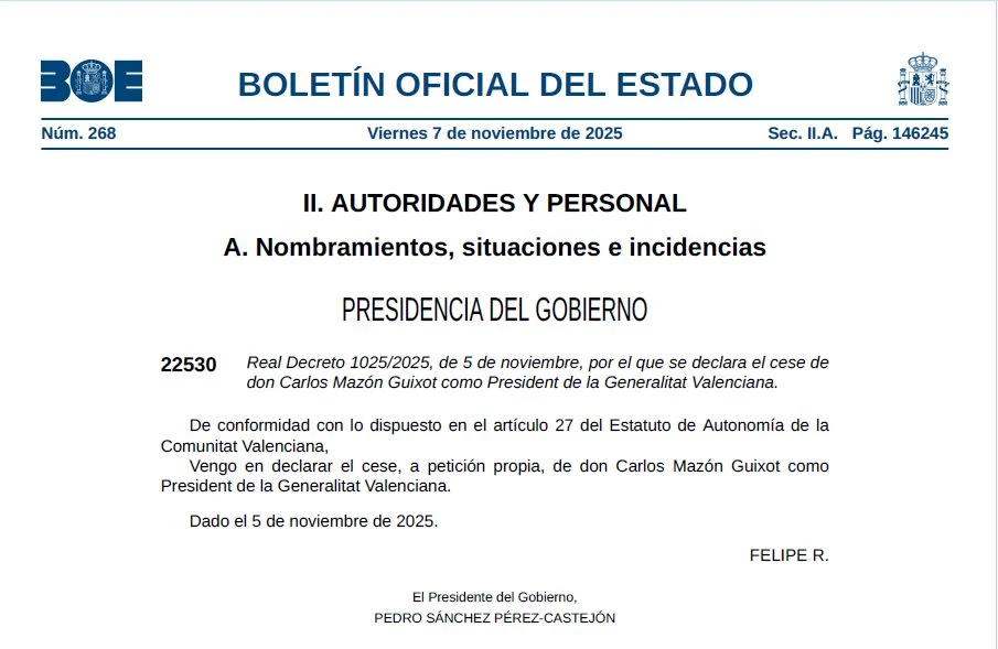 La silenciosa y triste salida de Mazón sin el habitual agradecimiento en el BOE 1 Moncloa cese de mazon decreto Moncloa