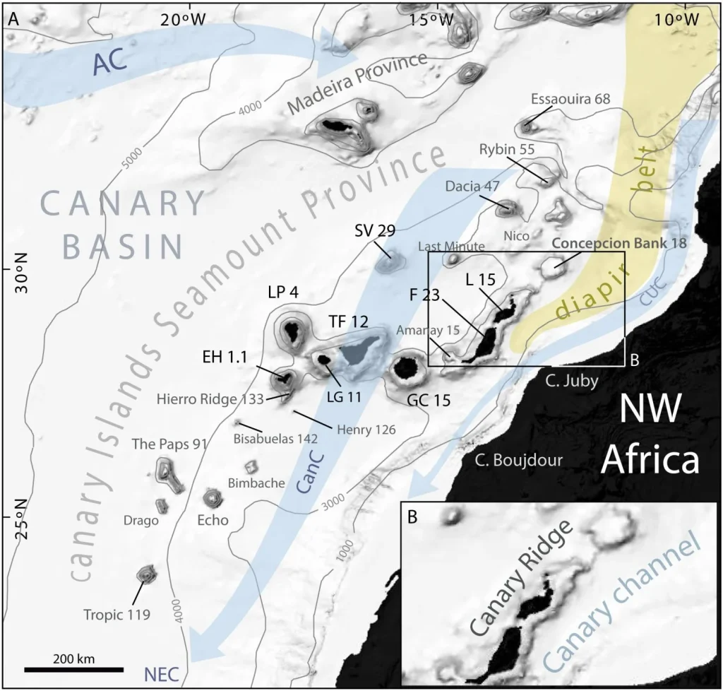 Morphometry of Concepcion Bank. Evidence of Geological and Biological Processes on a Large Volcanic Seamount of the Canary Islands Seamount Province. 2016 Rivera et al. Fig. 1 Moncloa