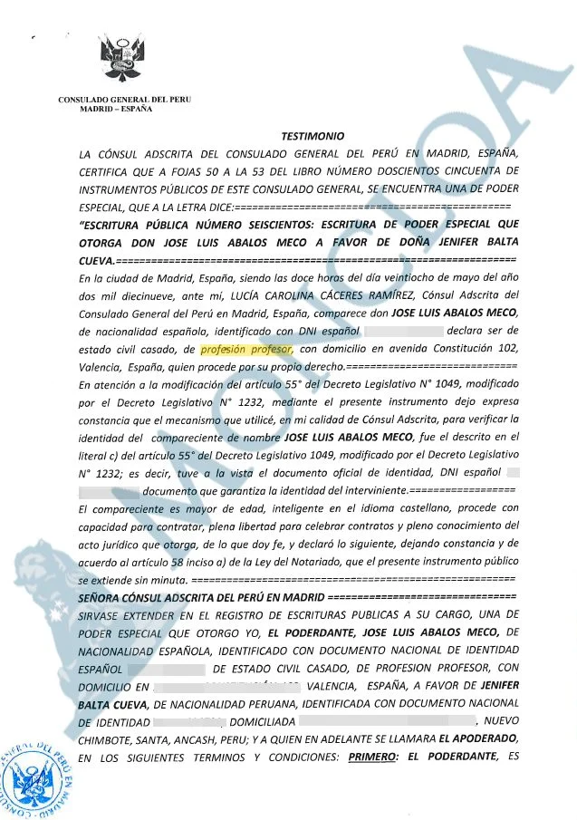 Ábalos reclama al juez el disco duro con su contrato para vender el inmueble de Perú 1 Moncloa El poder firmado por Ábalos para que se pueda vender el inmueble de Perú.