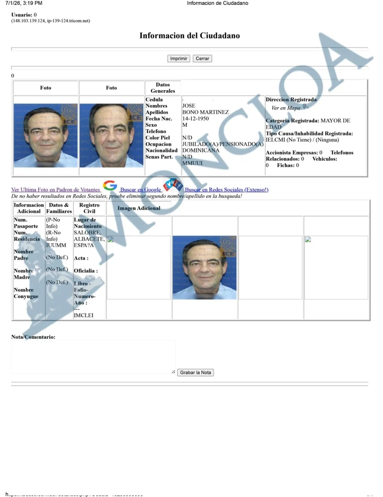 El DNI dominicano de José Bono: jubilado, 'pensionado' y sin empresas 1 Moncloa Informacion de Ciudadano Pepe Bono copia Moncloa