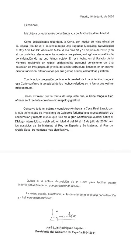 El convenio con Arabia Saudí que Zapatero se saltó con las joyas 1 Moncloa carta original zapatero 16 de junio Moncloa
