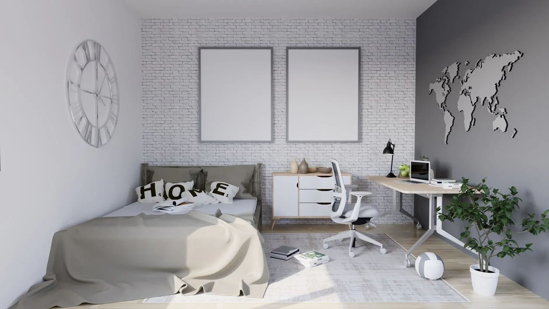 Dormitorio moderno y elegante con espacio de trabajo, que presenta una decoración minimalista y luz natural.