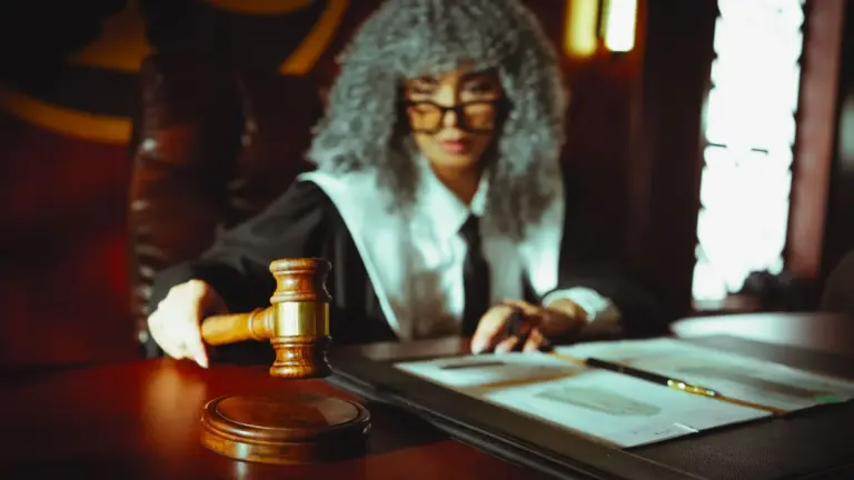 Un juez en una sala judicial sosteniendo un martillo, concentrado en documentos legales.