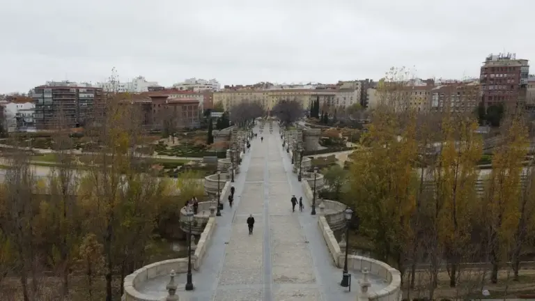 people walking on a bridge in a park